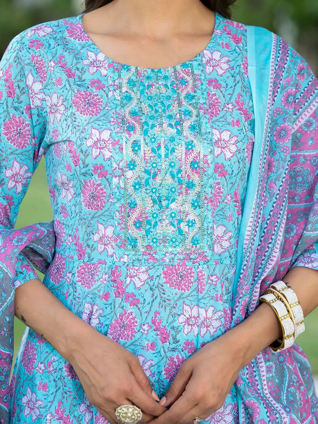 Blue Floral Print Anarkali Kurta Trouser And Dupatta Set