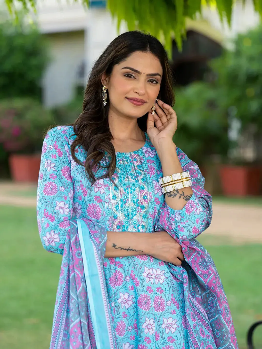 Blue Floral Print Anarkali Kurta Trouser And Dupatta Set