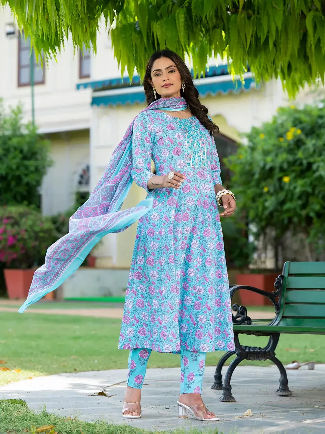 Blue Floral Print Anarkali Kurta Trouser And Dupatta Set