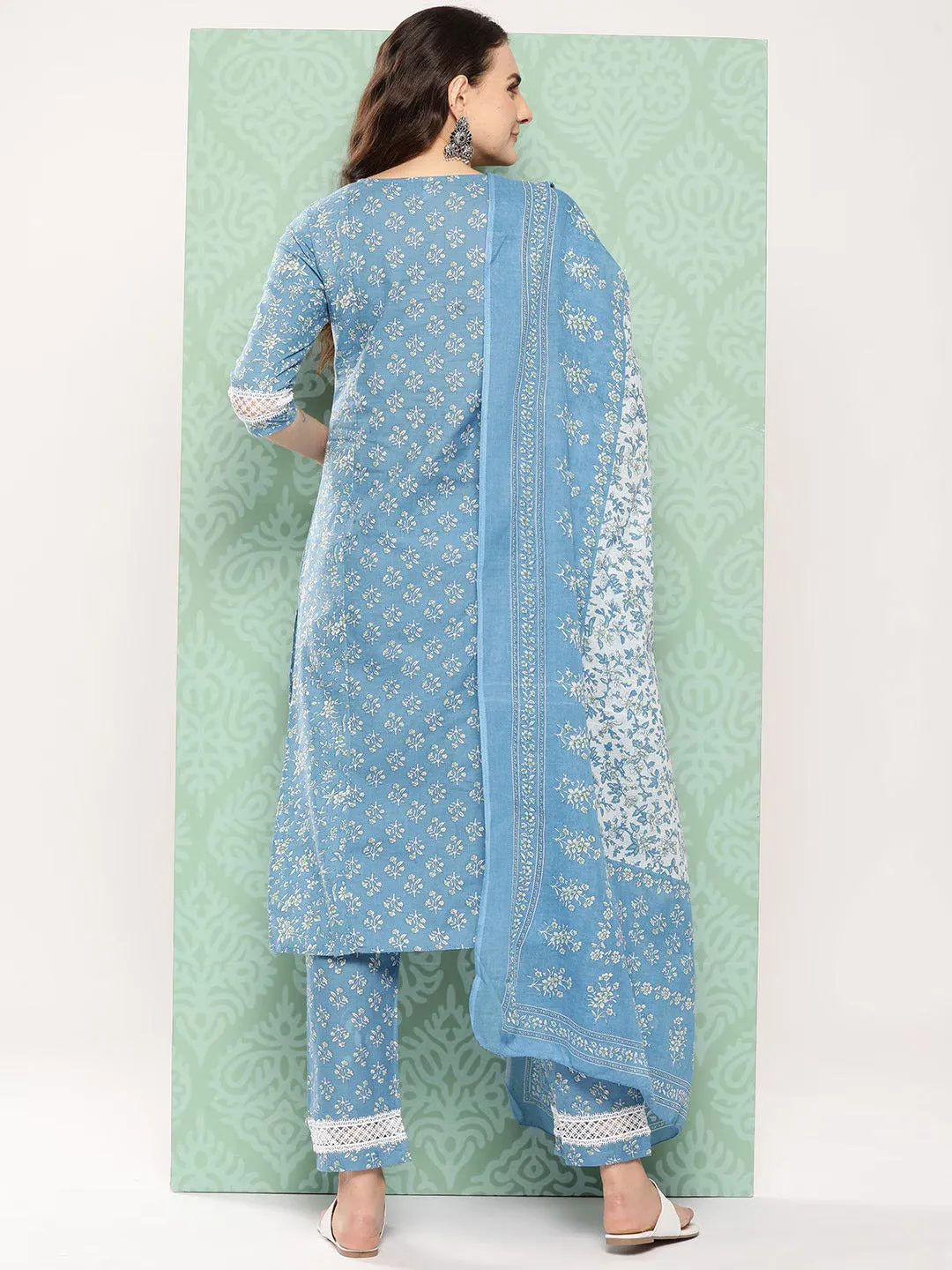 Blue Floral Printed Pure Cotton Kurta With Trouser And Dupatta