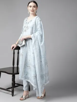 Blue Floral Printed Silk Dupatta Set