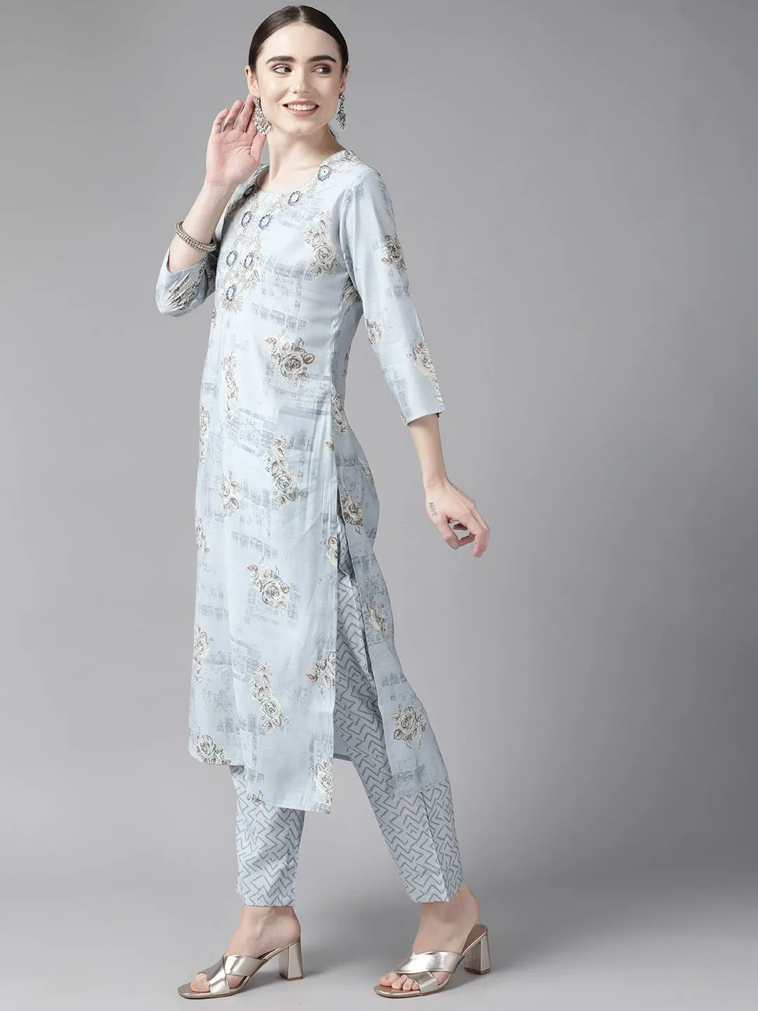 Blue Floral Printed Silk Dupatta Set