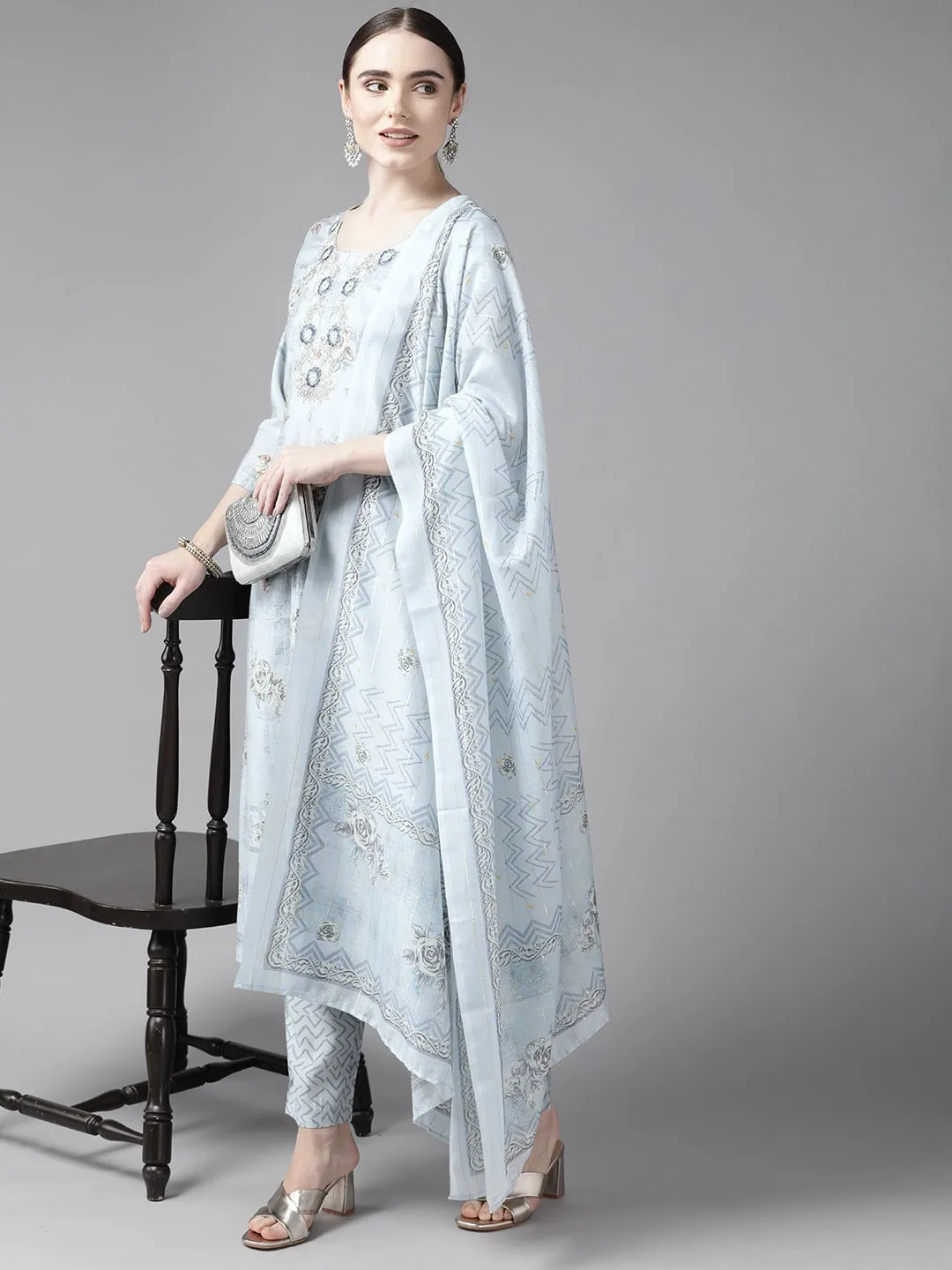 Blue Floral Printed Silk Dupatta Set
