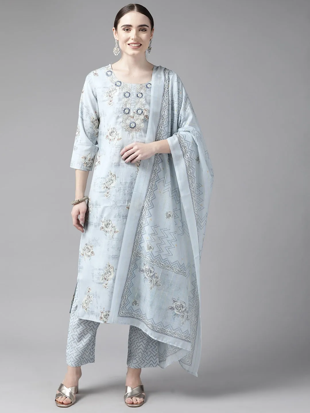 Blue Floral Printed Silk Dupatta Set