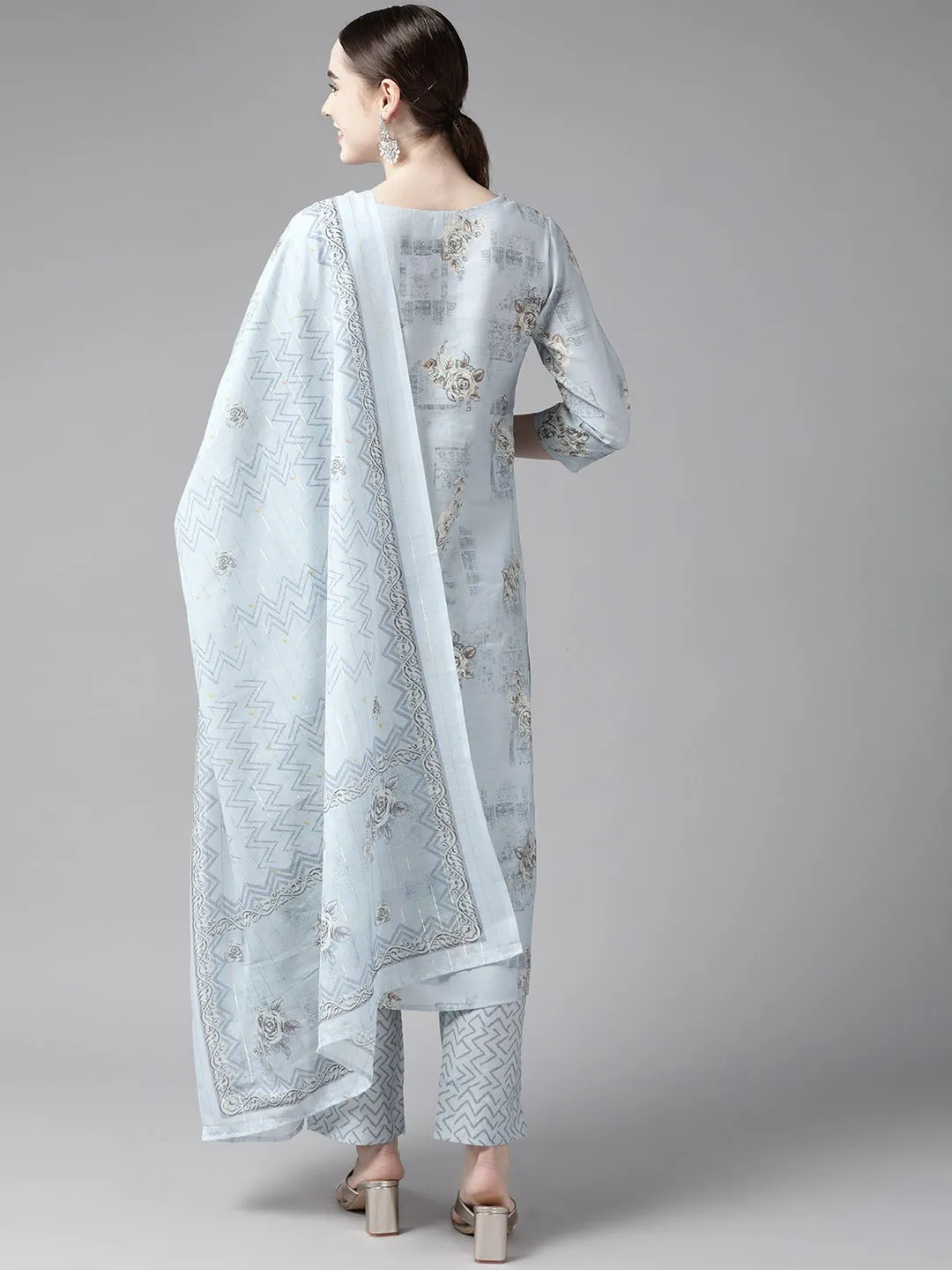 Blue Floral Printed Silk Dupatta Set