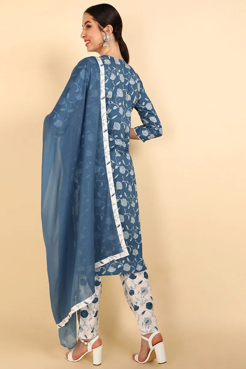 Blue Polyester Floral Print Straight Suit Set