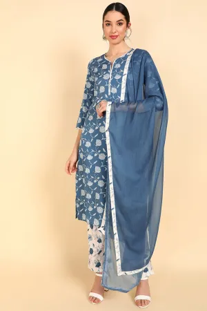 Blue Polyester Floral Print Straight Suit Set