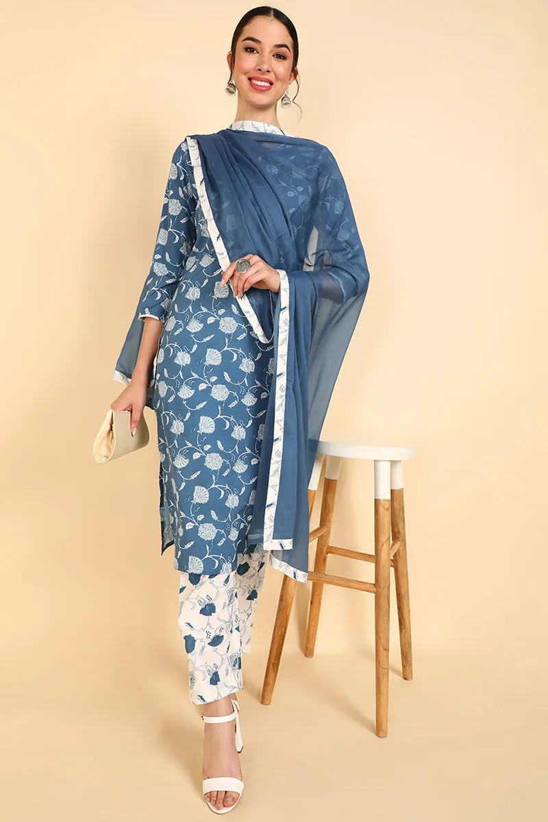 Blue Polyester Floral Print Straight Suit Set