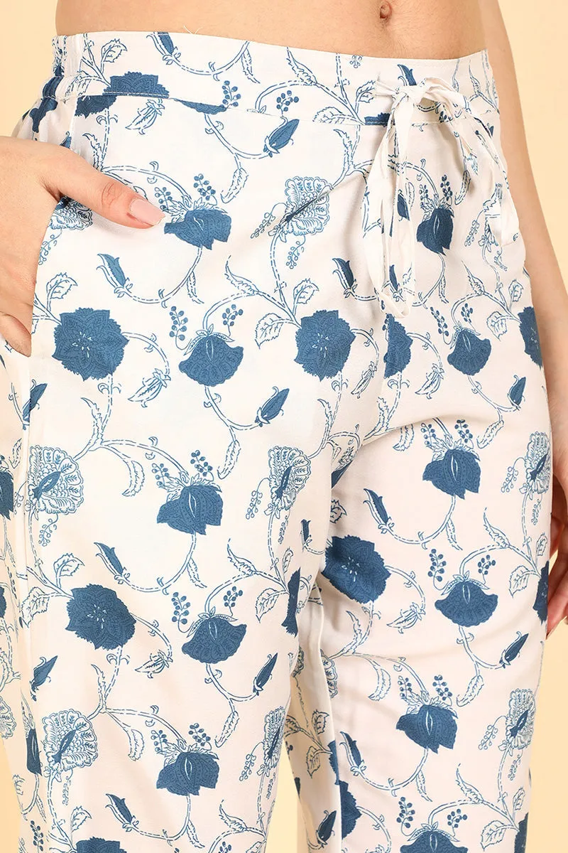 Blue Polyester Floral Print Straight Suit Set