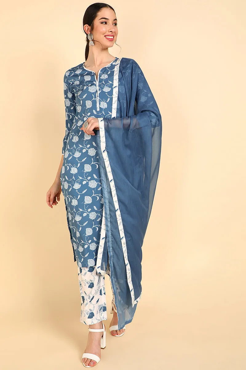 Blue Polyester Floral Print Straight Suit Set