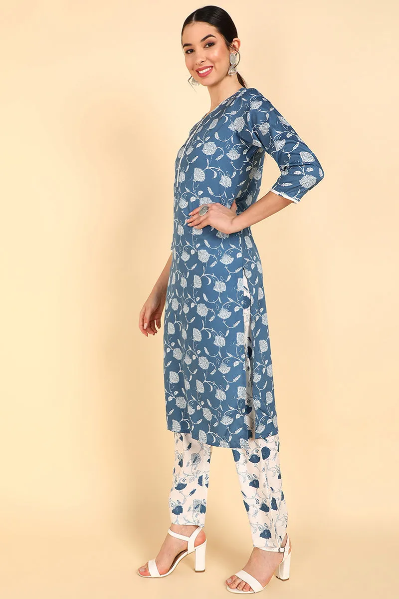 Blue Polyester Floral Print Straight Suit Set