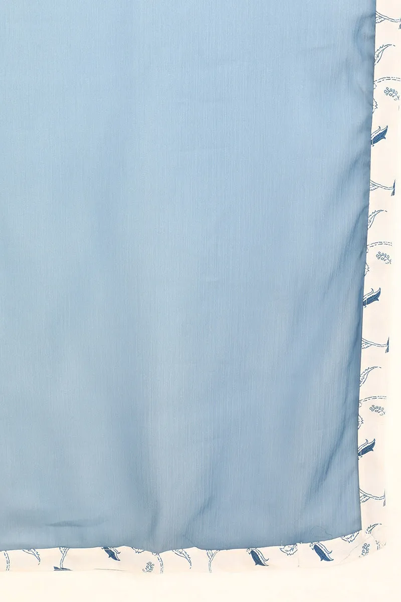 Blue Polyester Floral Print Straight Suit Set