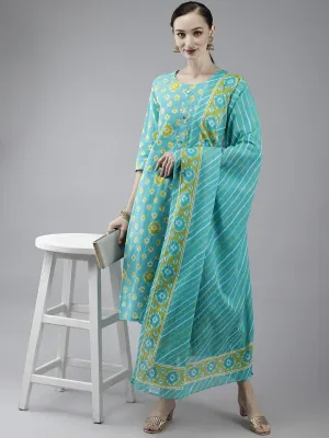 Blue Printed Cotton Dupatta Set