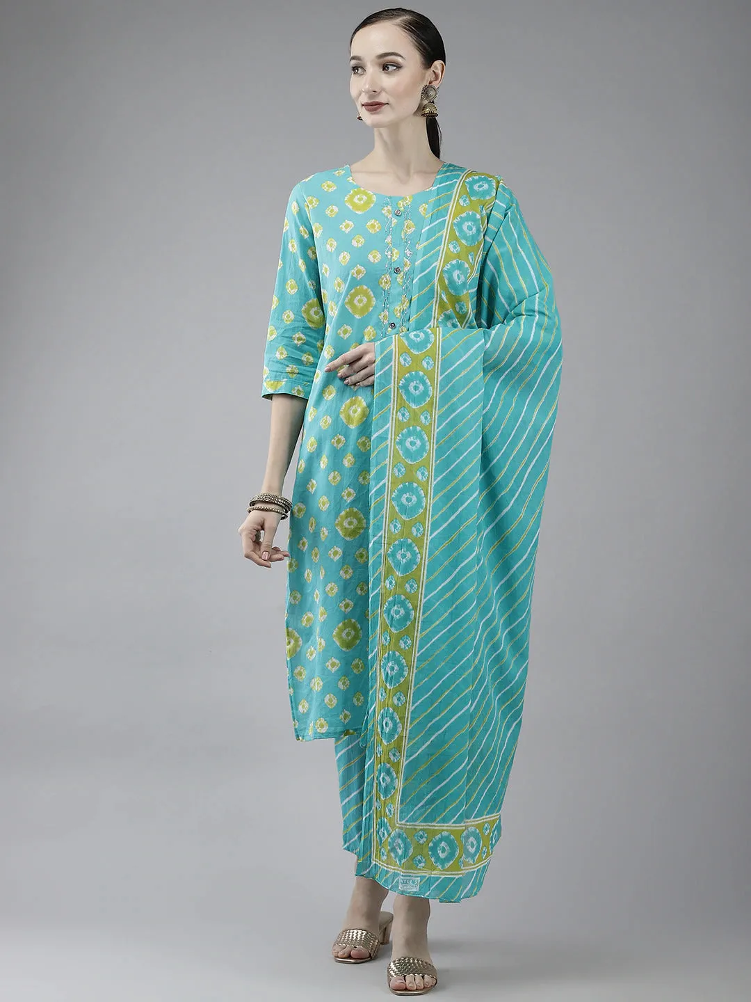 Blue Printed Cotton Dupatta Set