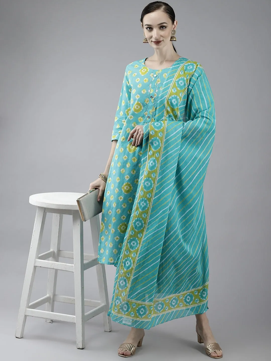 Blue Printed Cotton Dupatta Set