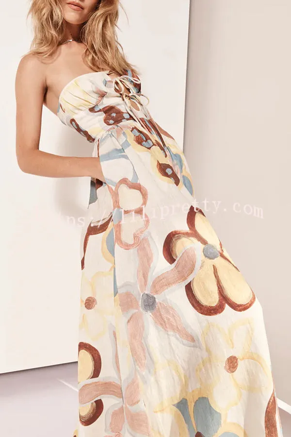 Brinley Linen Blend Floral Print Lace-up Elastic Waist Pocketed Strapless Maxi Dress