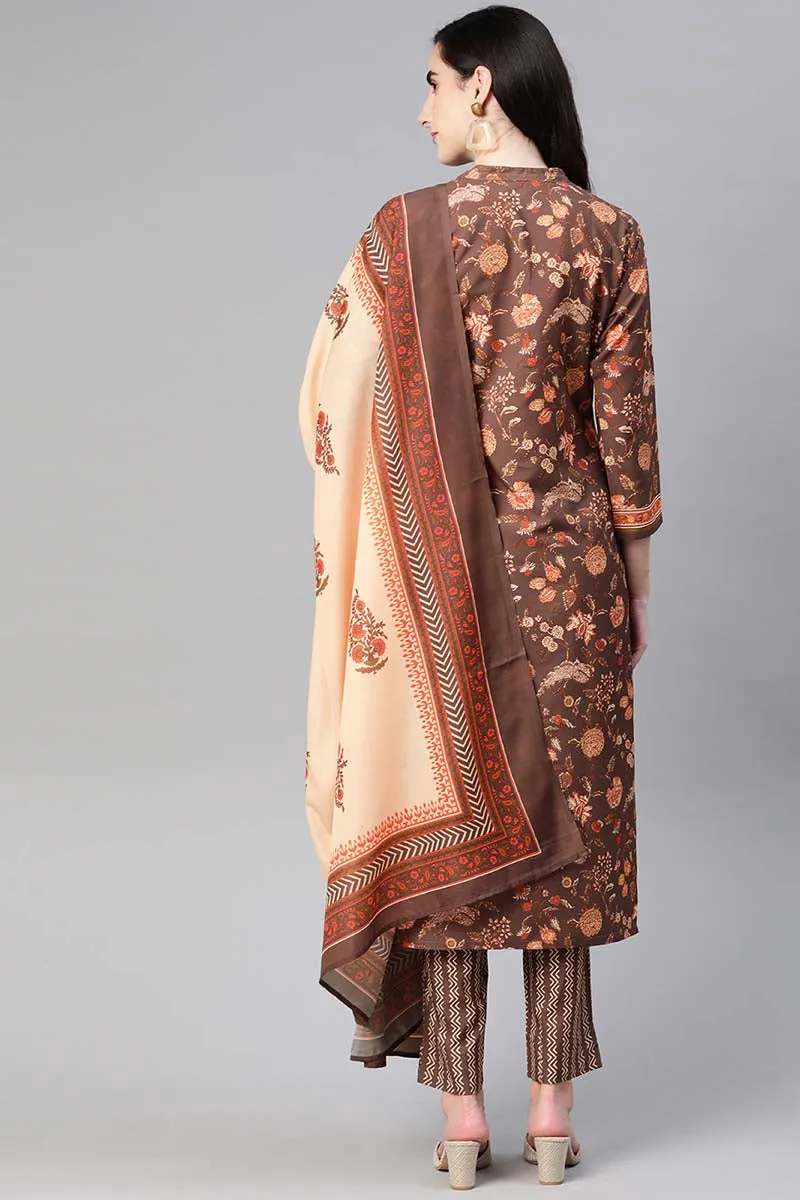 Brown Poly Crepe Floral Print Straight Suit Set