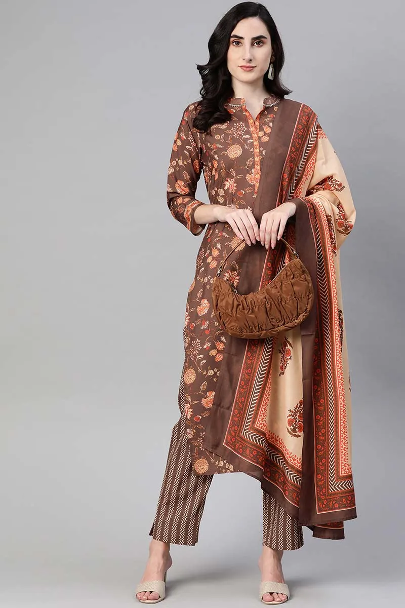 Brown Poly Crepe Floral Print Straight Suit Set