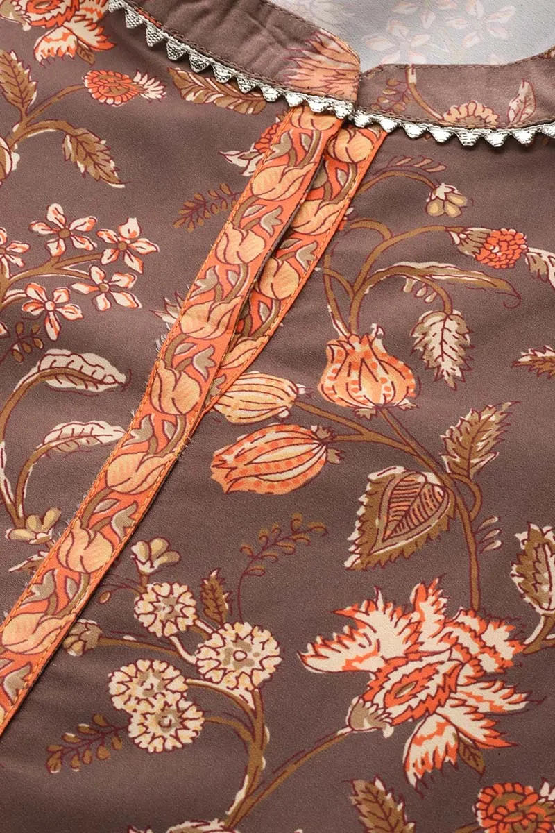 Brown Poly Crepe Floral Print Straight Suit Set