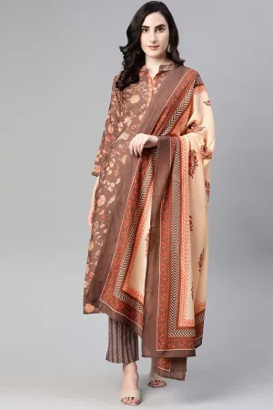 Brown Poly Crepe Floral Print Straight Suit Set