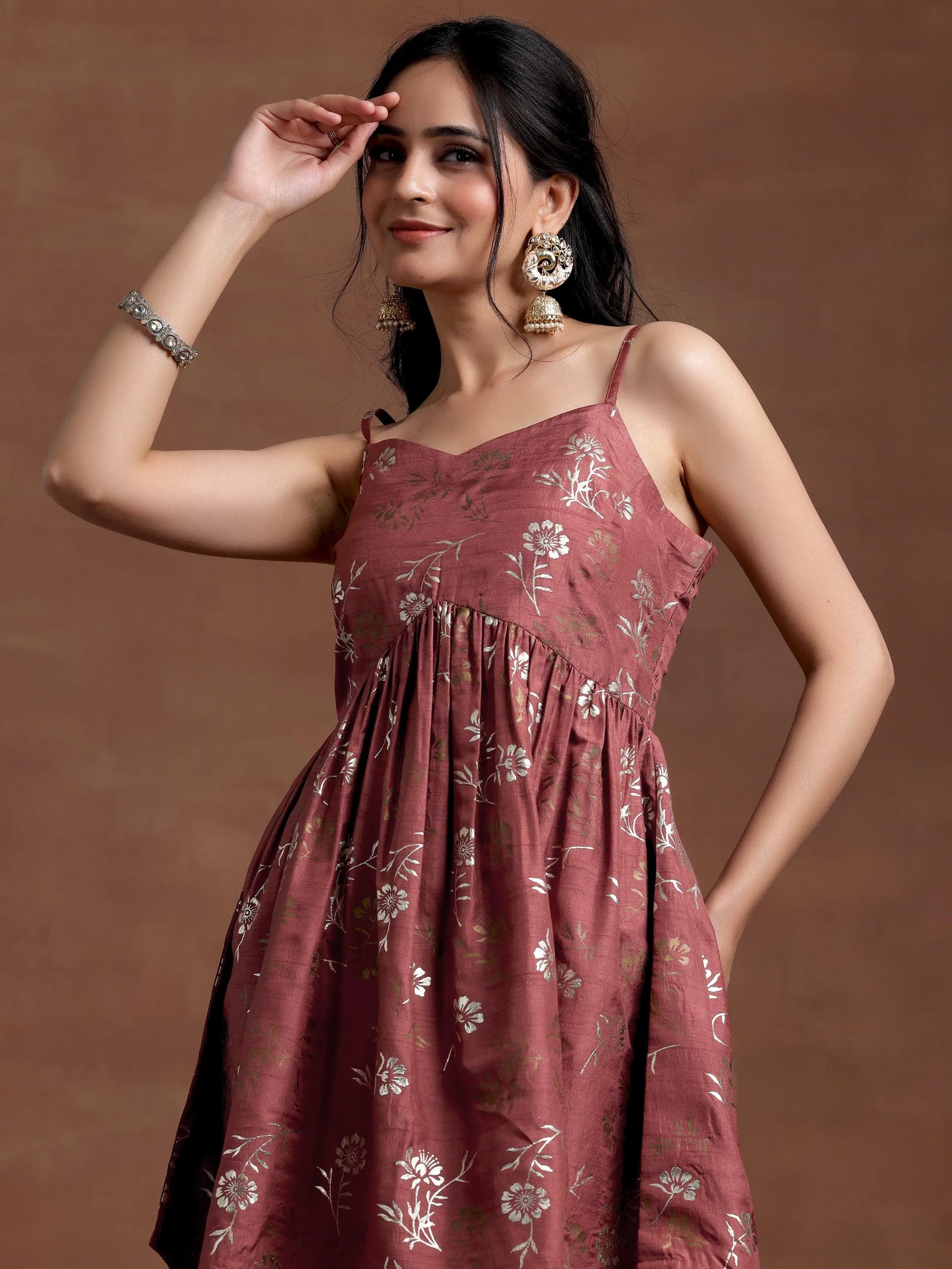 Brown Printed Silk Blend A-Line Kurta With Sharara