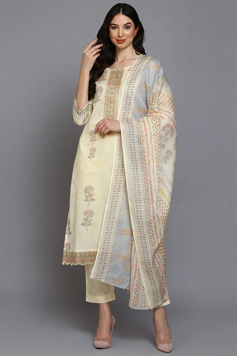 Cotton Blend Lemon Yellow Printed Straight Kurta Pant With Dupatta