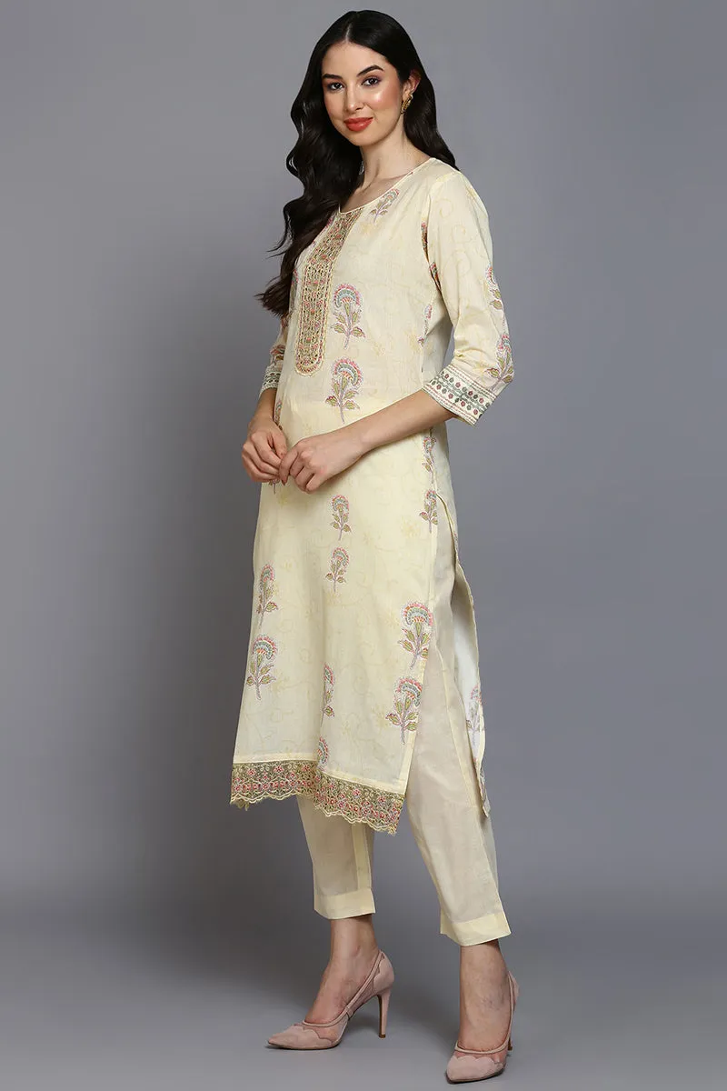 Cotton Blend Lemon Yellow Printed Straight Kurta Pant With Dupatta