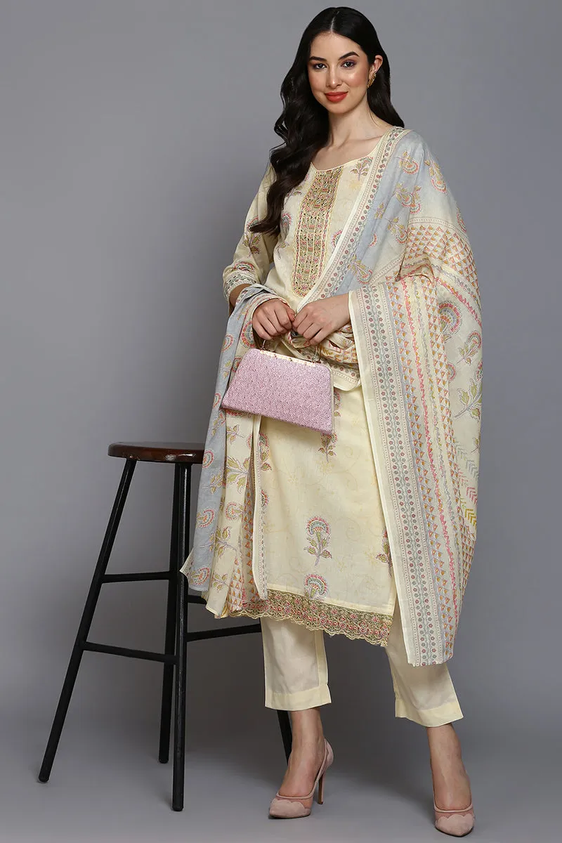 Cotton Blend Lemon Yellow Printed Straight Kurta Pant With Dupatta