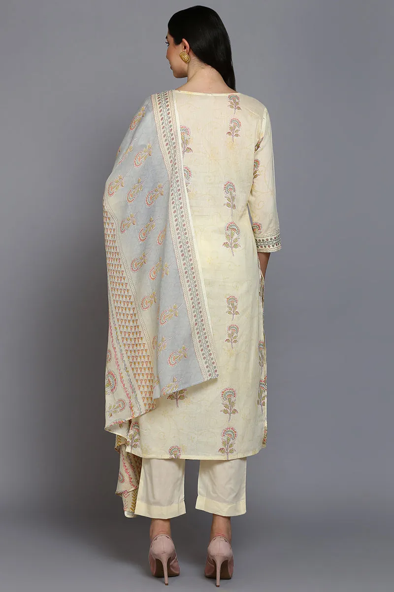 Cotton Blend Lemon Yellow Printed Straight Kurta Pant With Dupatta