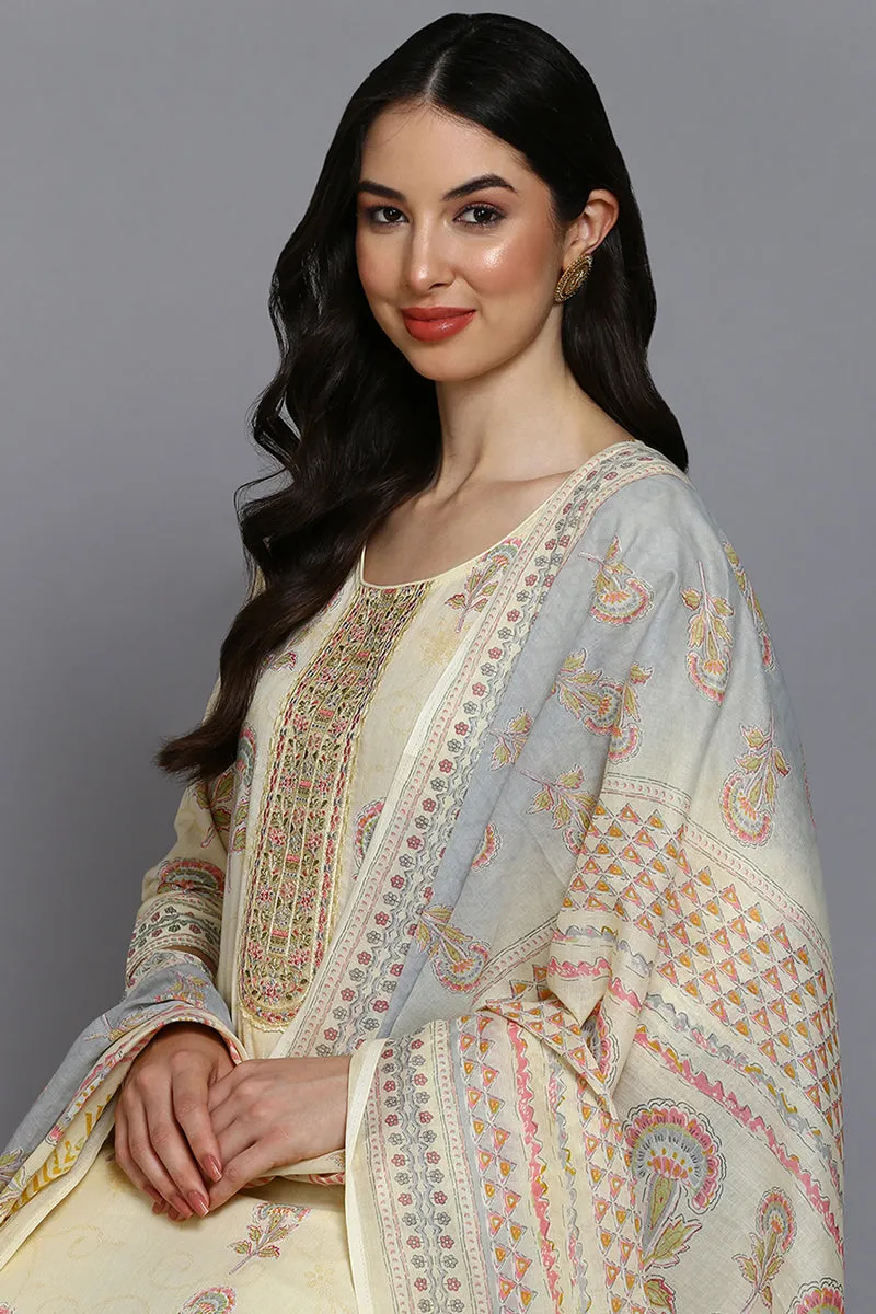 Cotton Blend Lemon Yellow Printed Straight Kurta Pant With Dupatta