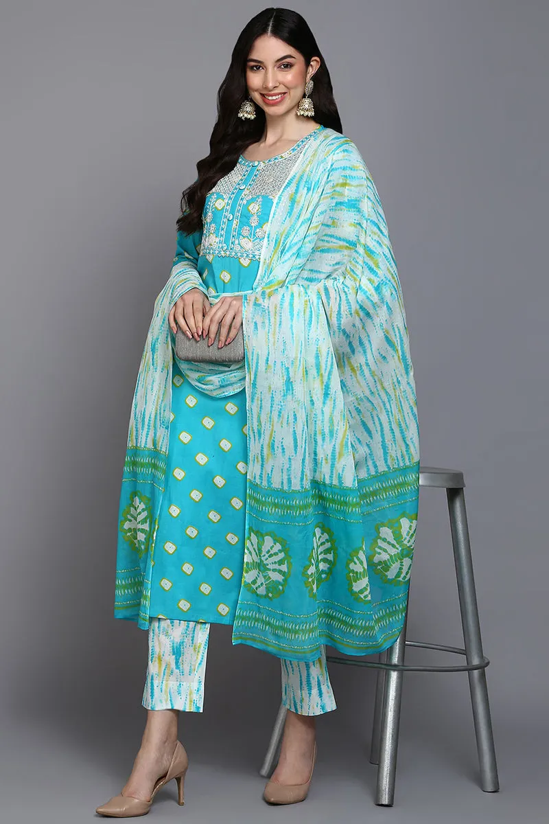 Cotton Blue Bandhani Printed Straight Kurta Pant With Dupatta