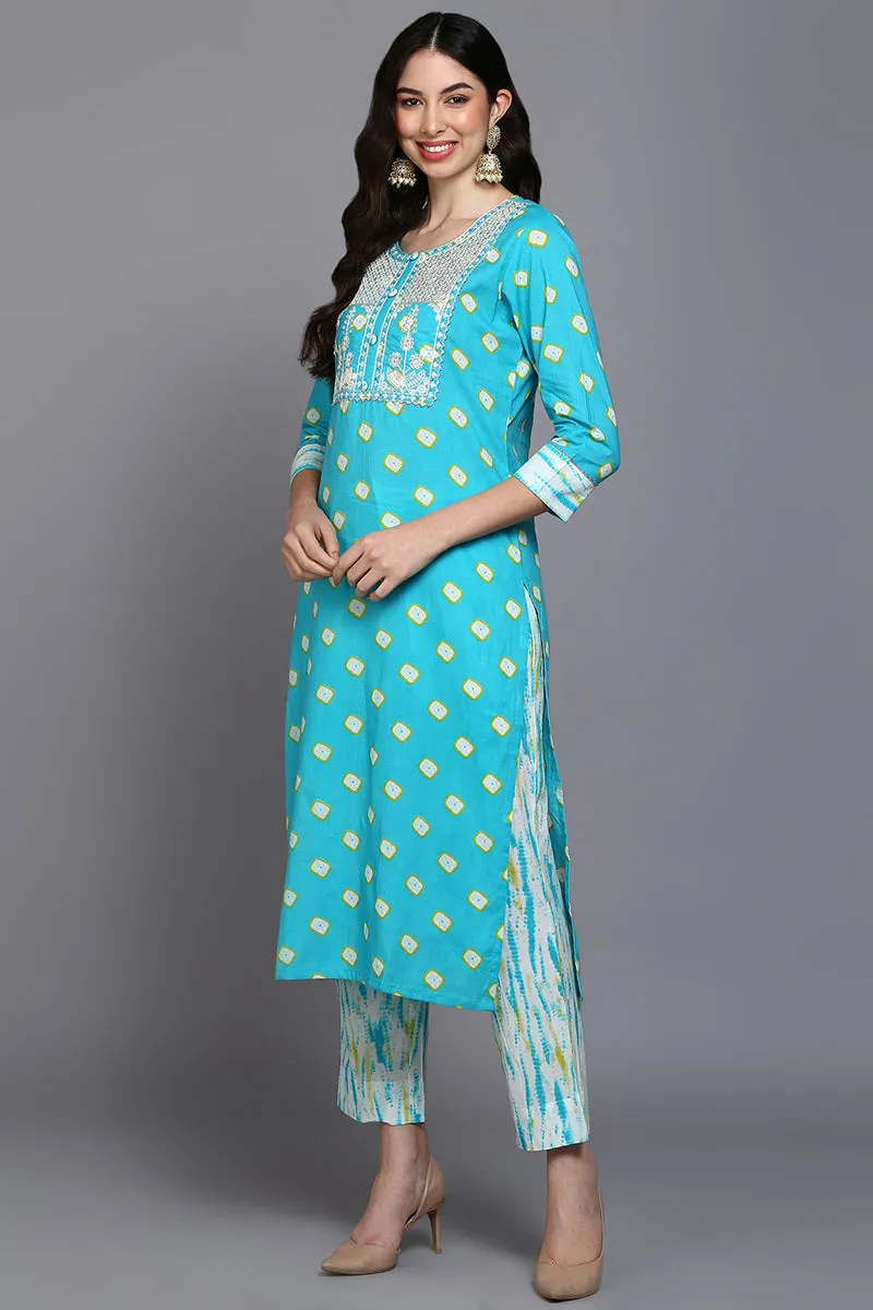 Cotton Blue Bandhani Printed Straight Kurta Pant With Dupatta