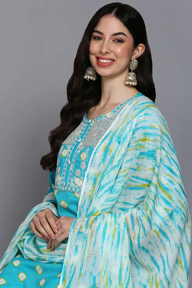 Cotton Blue Bandhani Printed Straight Kurta Pant With Dupatta