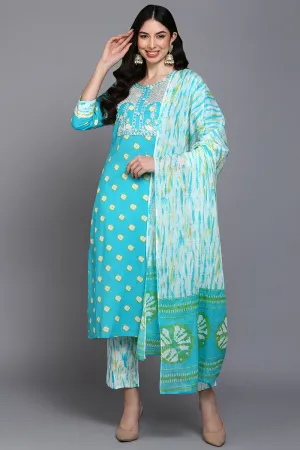 Cotton Blue Bandhani Printed Straight Kurta Pant With Dupatta