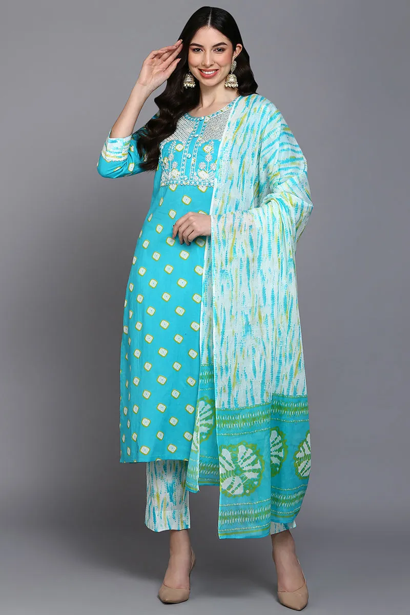 Cotton Blue Bandhani Printed Straight Kurta Pant With Dupatta
