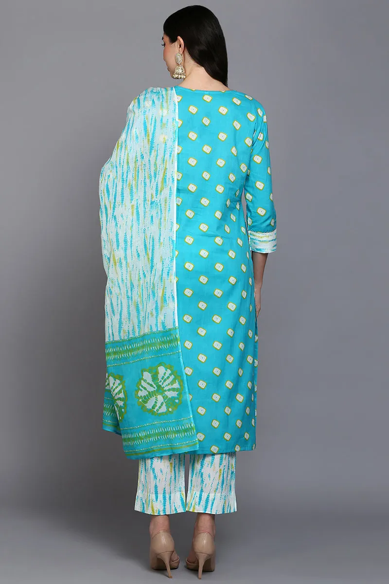 Cotton Blue Bandhani Printed Straight Kurta Pant With Dupatta