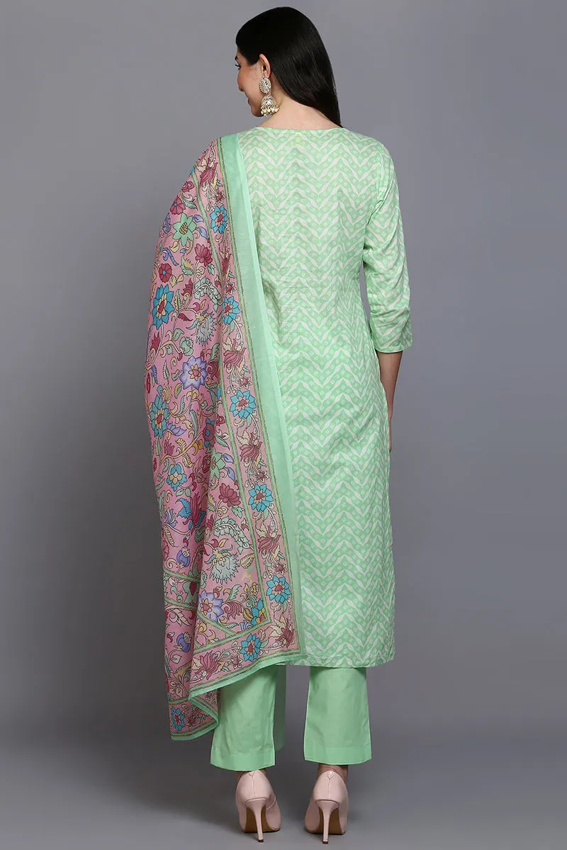 Cotton Green Printed Straight Kurta Pant With Dupatta