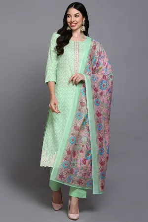 Cotton Green Printed Straight Kurta Pant With Dupatta