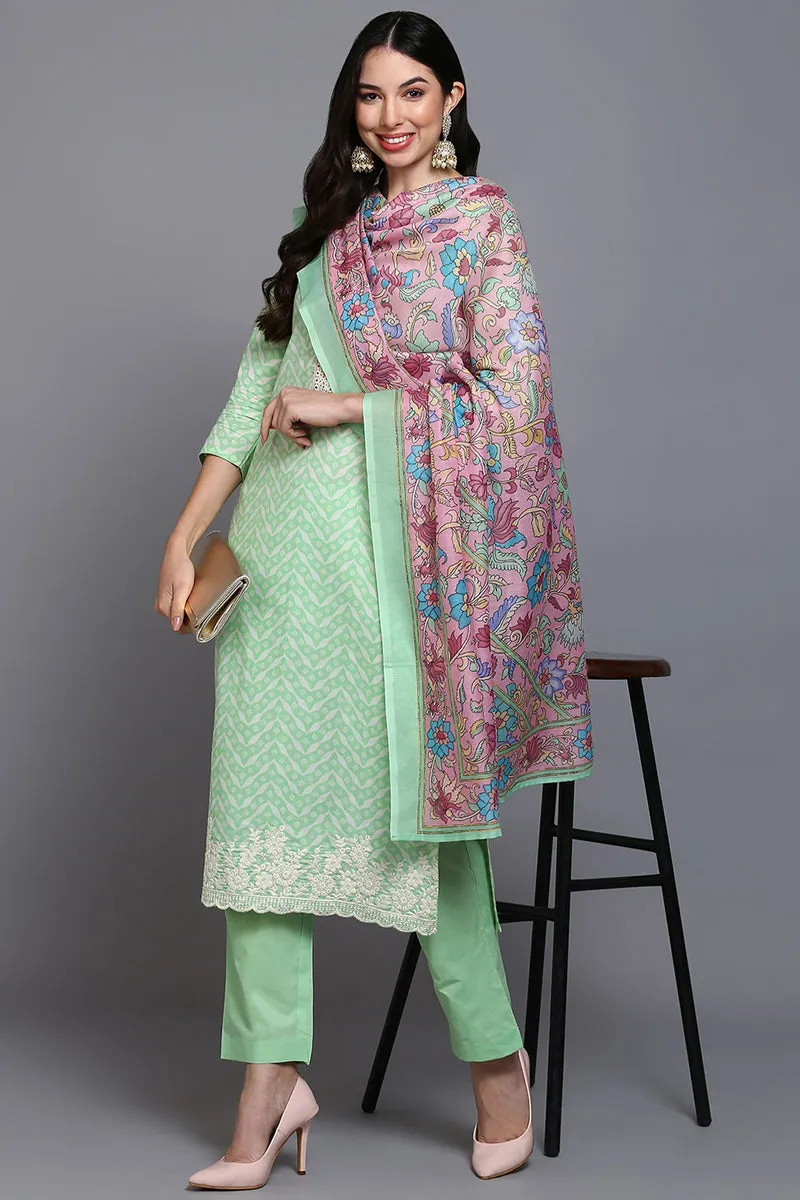 Cotton Green Printed Straight Kurta Pant With Dupatta