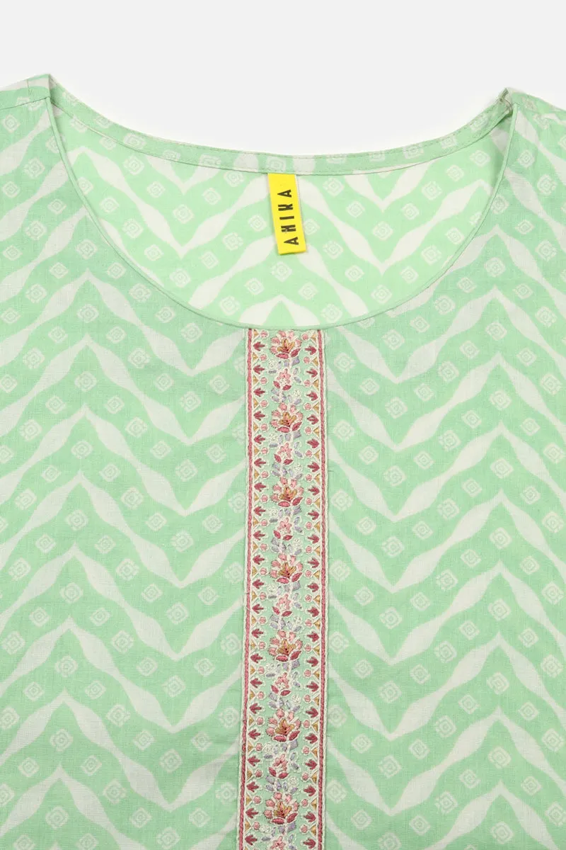 Cotton Green Printed Straight Kurta Pant With Dupatta