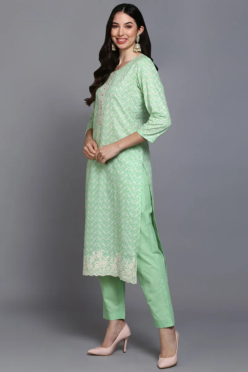 Cotton Green Printed Straight Kurta Pant With Dupatta