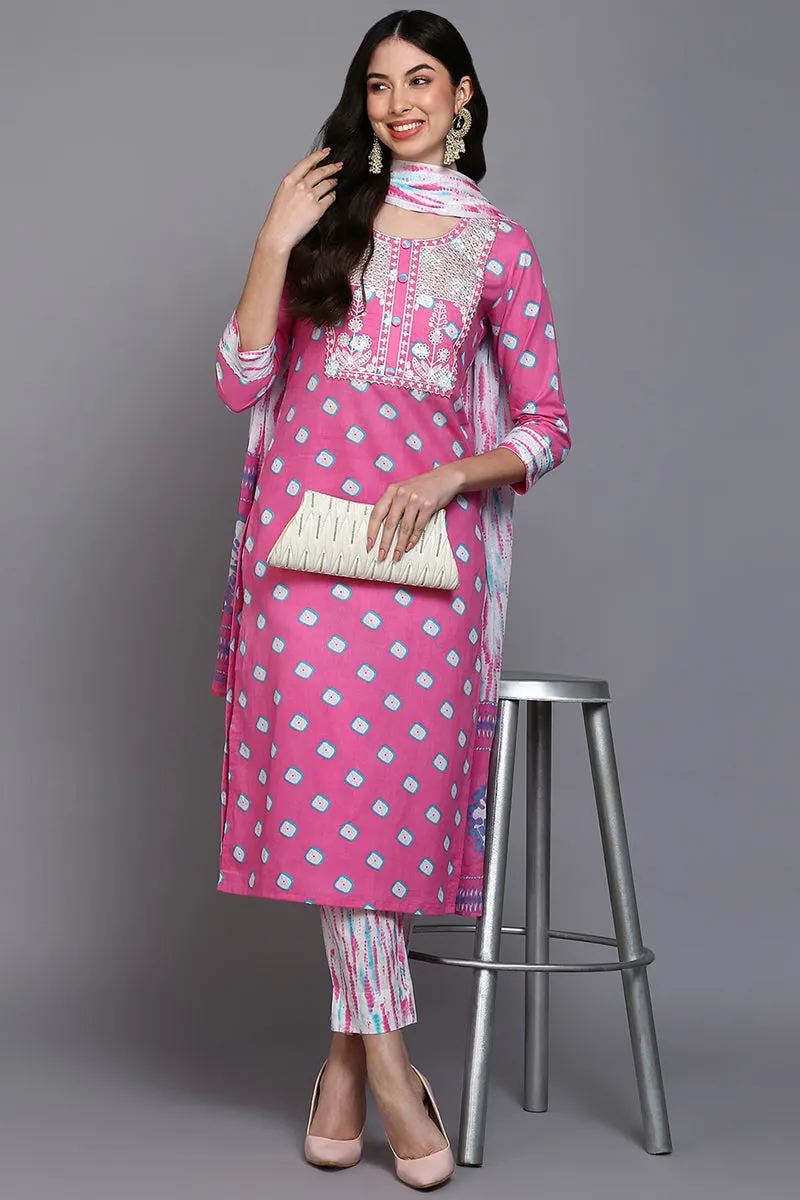 Cotton Pink Bandhani Printed Straight Kurta Pant With Dupatta