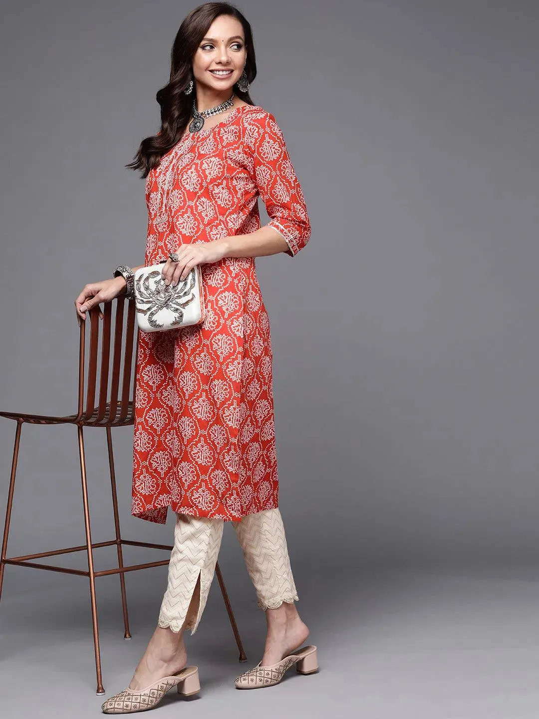 Cream Printed Cotton Trousers
