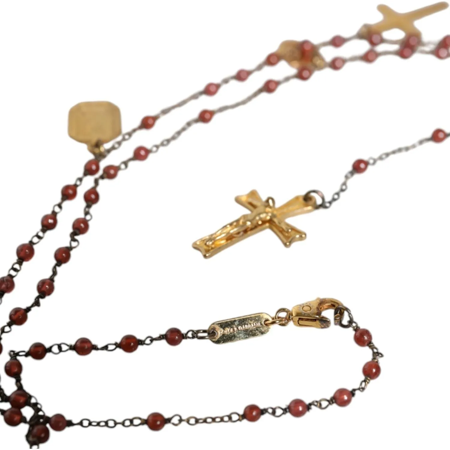 Dolce & Gabbana Gold Chain Brass Beaded Rosary Cross Pendant Necklace