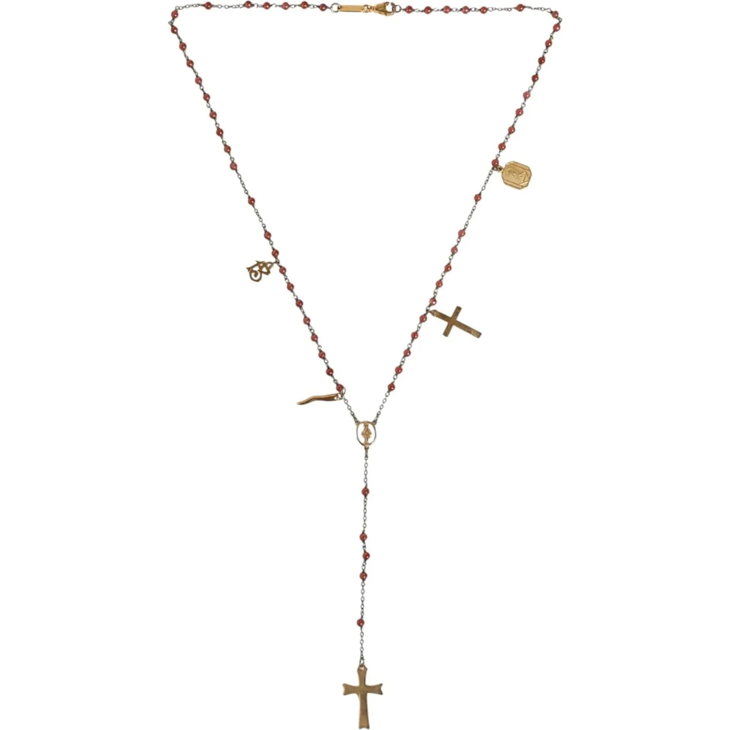 Dolce & Gabbana Gold Chain Brass Beaded Rosary Cross Pendant Necklace