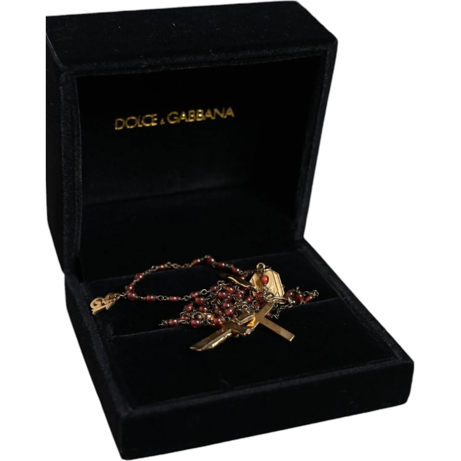 Dolce & Gabbana Gold Chain Brass Beaded Rosary Cross Pendant Necklace