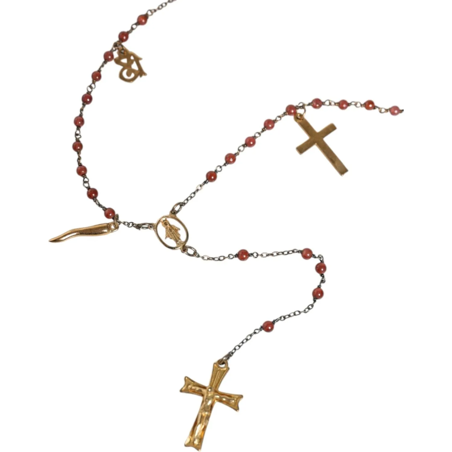 Dolce & Gabbana Gold Chain Brass Beaded Rosary Cross Pendant Necklace