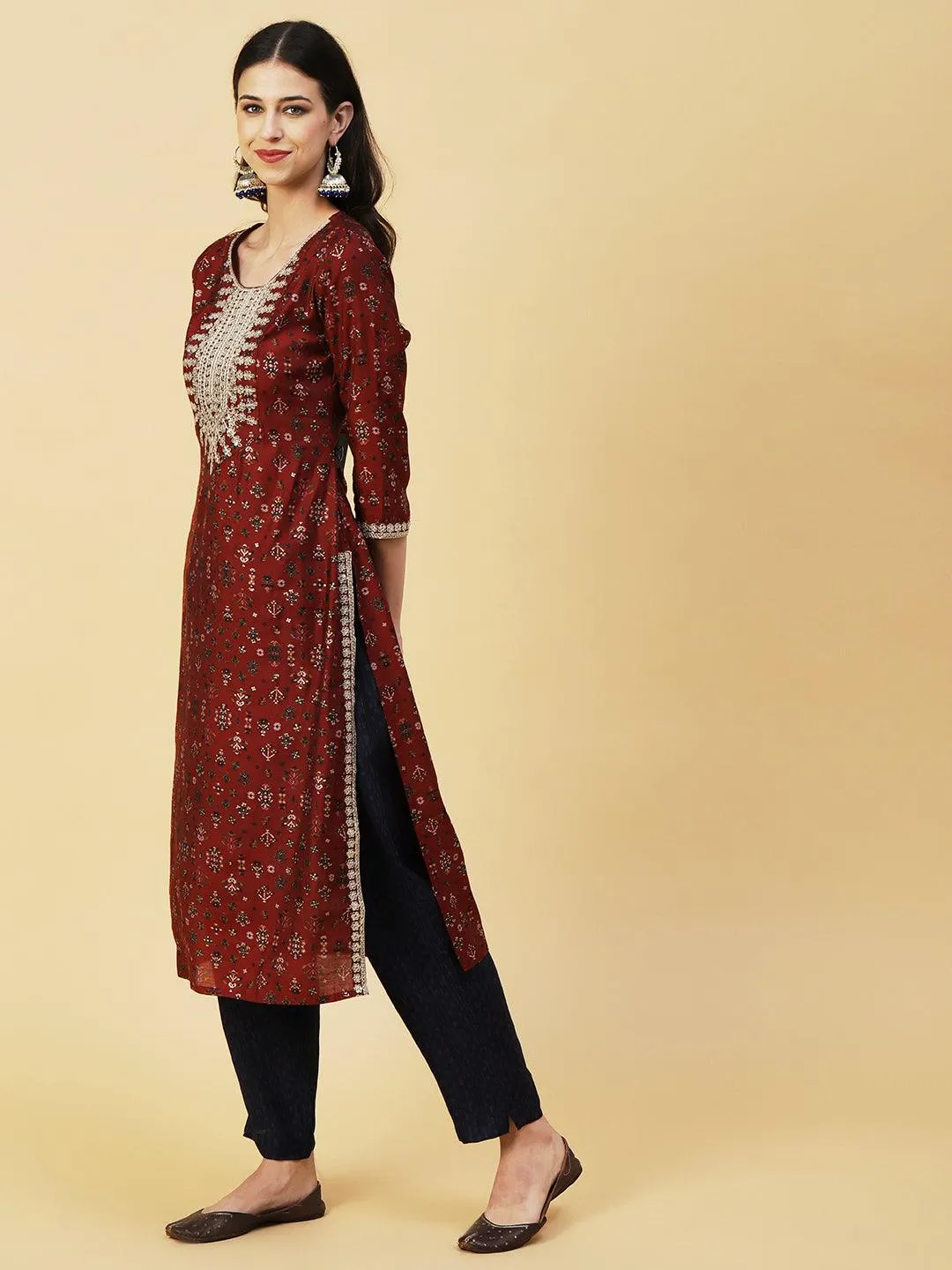 Ethnic & Abstract Printed Zari Dori & Sequins Embroidered Kurta With Pants & Dupatta - Maroon