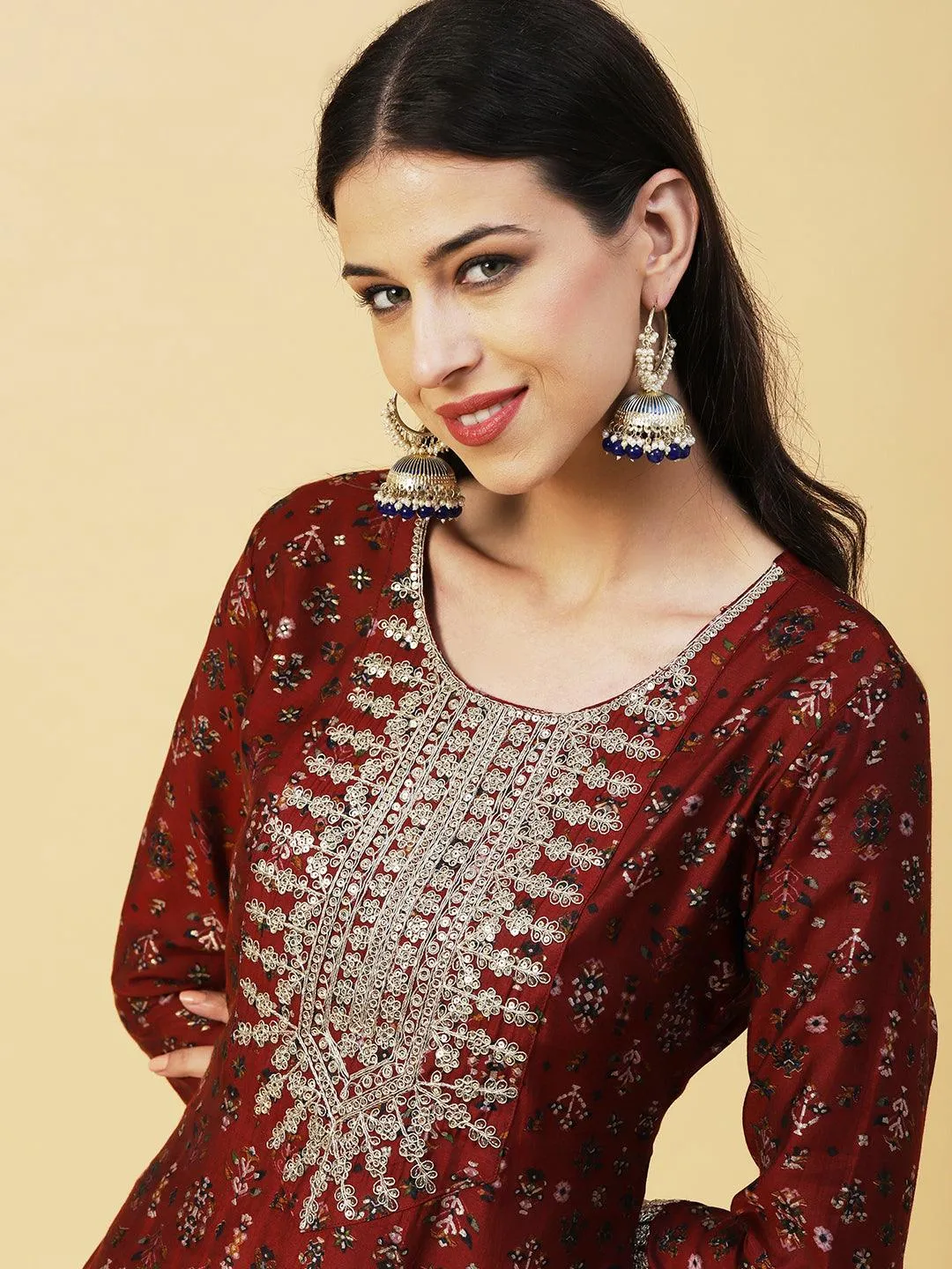 Ethnic & Abstract Printed Zari Dori & Sequins Embroidered Kurta With Pants & Dupatta - Maroon