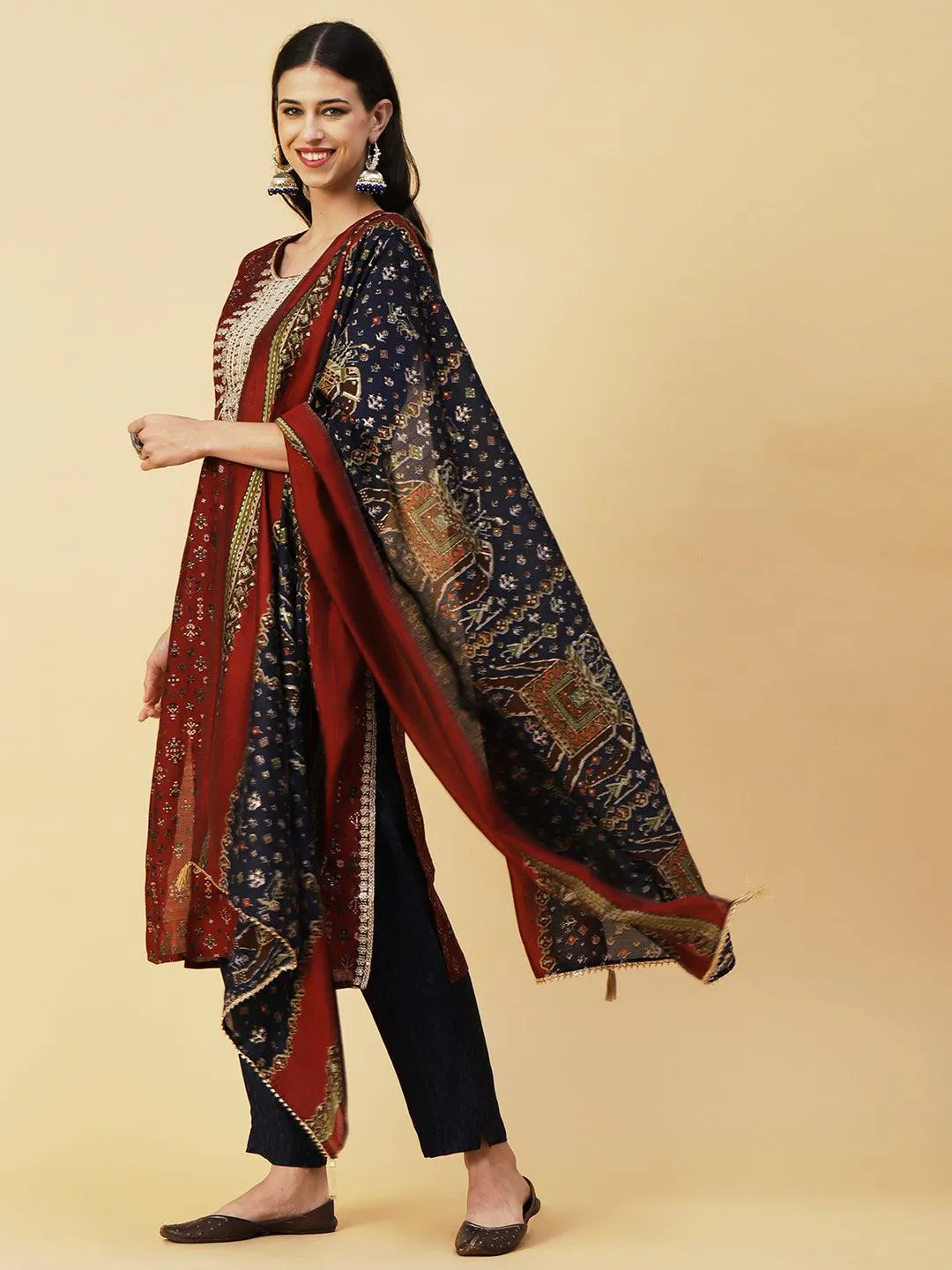 Ethnic & Abstract Printed Zari Dori & Sequins Embroidered Kurta With Pants & Dupatta - Maroon